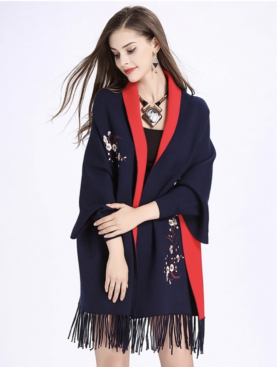 Cashmere Feeling Floral Embroidery Cape W/Sleeves